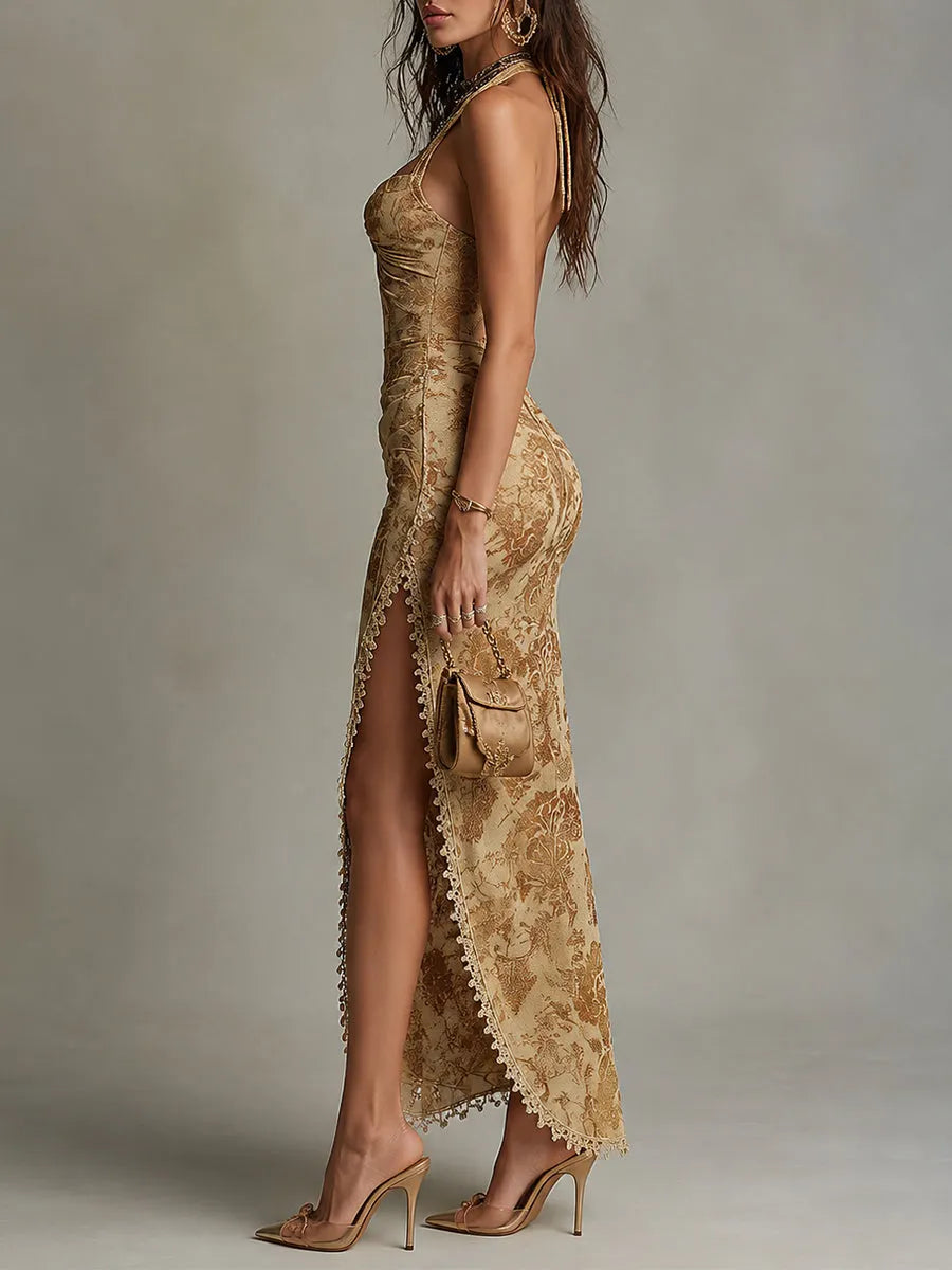 Retro Halter-neck Waist-pleated High-slit Slim-fit Maxi Dress