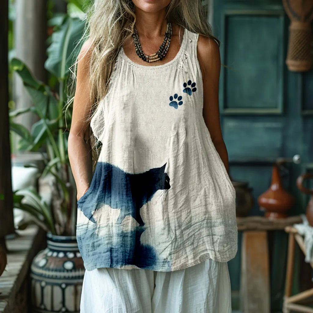 Cute Watercolor Art Cat Pattern Comfy Linen Tank Top