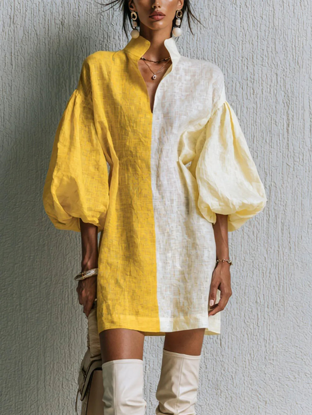 Color Block Puff Sleeve Mini Dress with Stand Collar