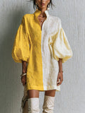 Color Block Puff Sleeve Mini Dress with Stand Collar