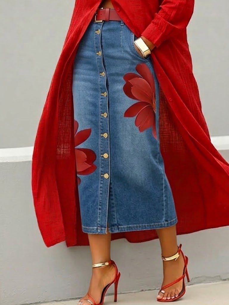 Casual Artistic Floral-print Denim Skirt