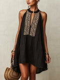 Black Textured Sleeveless Mini Dress With Lace Panel Detailing