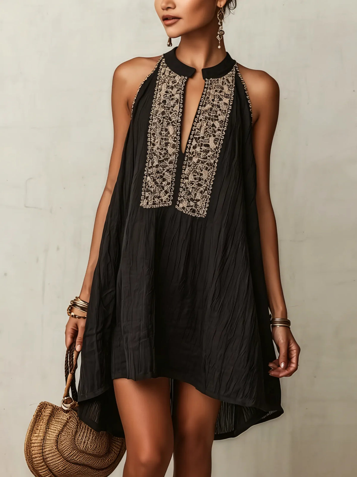 Black Textured Sleeveless Mini Dress With Lace Panel Detailing