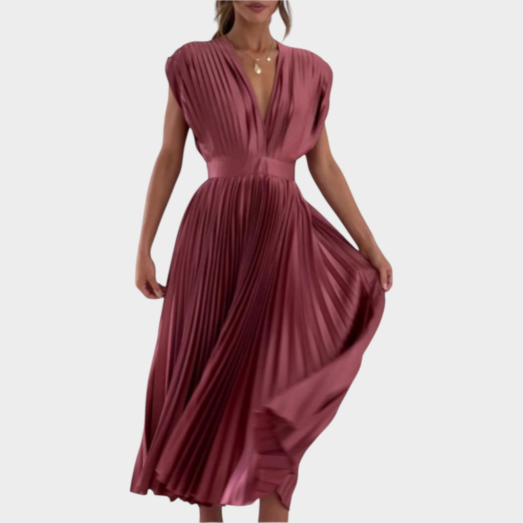 Pleated V-Neck Midi Dress