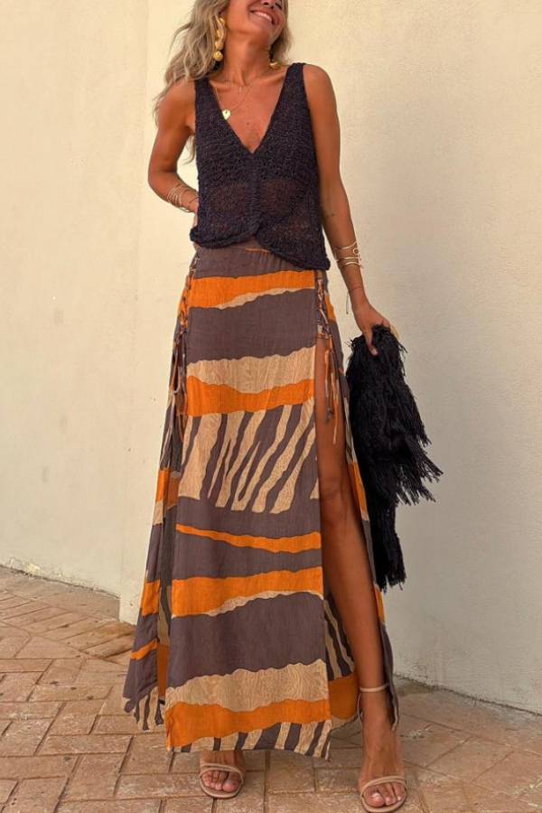 Bendita Colorblock Print Elastic Waist Side Lace-up Slit Maxi Skirt