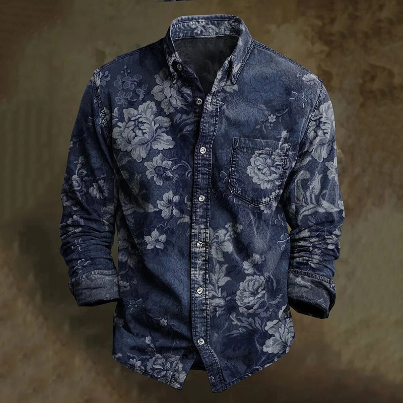 Men's Vintage Floral Art Printed Cozy Long Sleeve Shirt