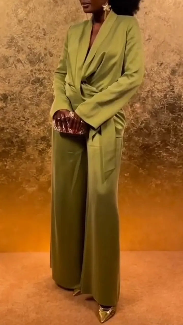 Women Collar Jacket+ Pants Solid Color Temperament Commuting Suit