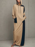 Women's Khaki Black Color Block Knit Drawstring Hooded Long Sleeve Side Pocket Oversized Maxi Sweatshirt Dress MDZ1507G2YZJ