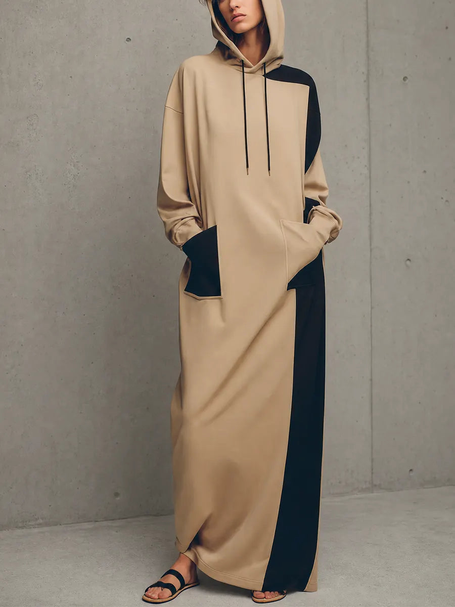 Women's Khaki Black Color Block Knit Drawstring Hooded Long Sleeve Side Pocket Oversized Maxi Sweatshirt Dress MDZ1507G2YZJ