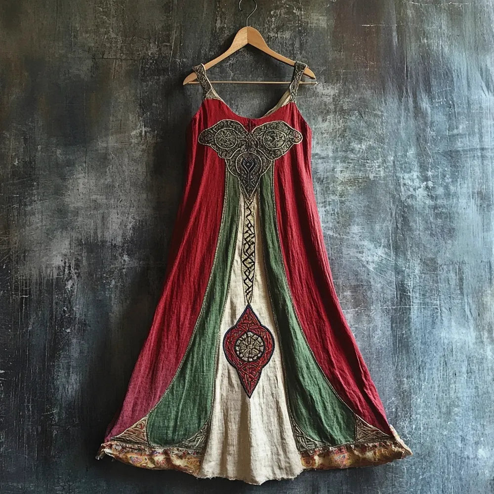 Celtic Totem Printed Vintage Linen Halter Dress