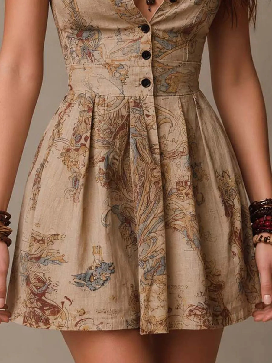 Bohemian Baroque Print Collared V-Neck Button-Up Mini Dress