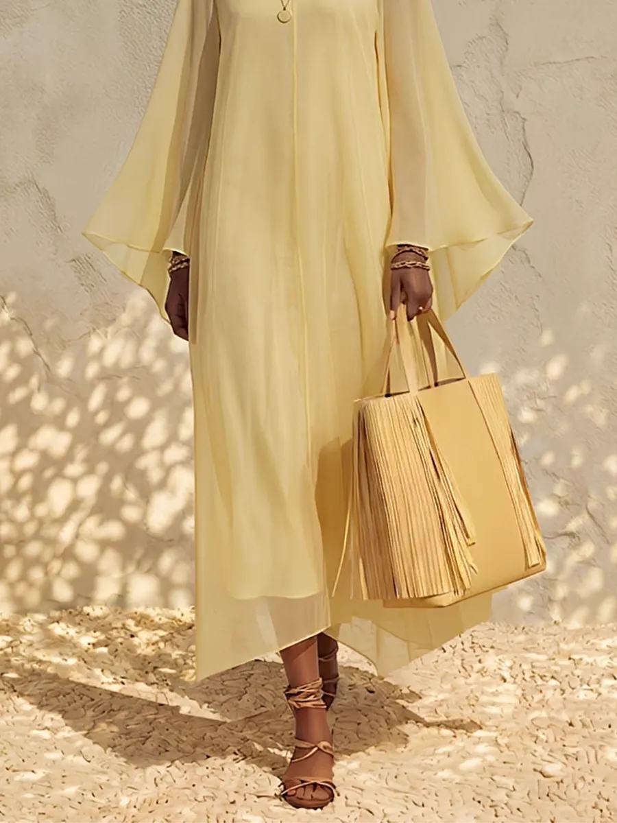 Women's Pale Yellow Sheer Chiffon Maxi Dress With Mock Neck Bell Flare Sleeves & Inner Slip Camisole, Minimalist Boho Resort Flowy Maxi Dress MDZ0287G2LYL