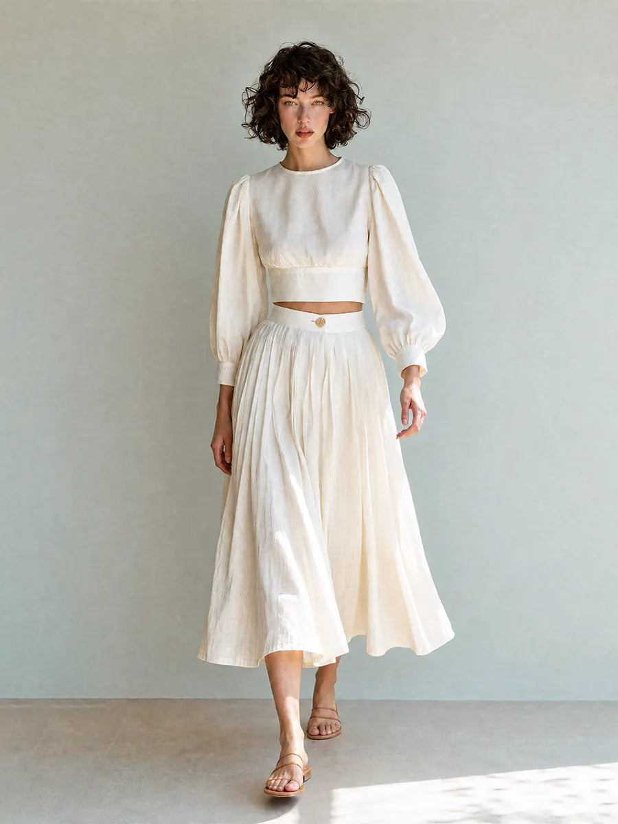 Women's Elegant Casual Ivory Linen Round-Neck Puff-Sleeve Cropped Top & High-Waisted Midi Skirt Set MDZ2083G8CMX
