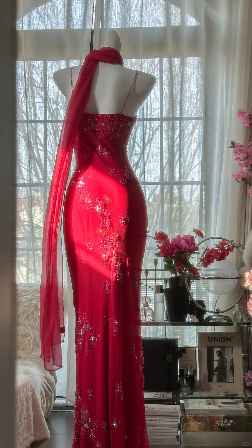 Red Romantic Gorgeous Fashion Elegant Exquisite Beaded Long Chiffon Ball Gown Evening Dress Birthday/Wedding Guest/Vacation Party Dress Prom Dress Valentine's Day Date Dress