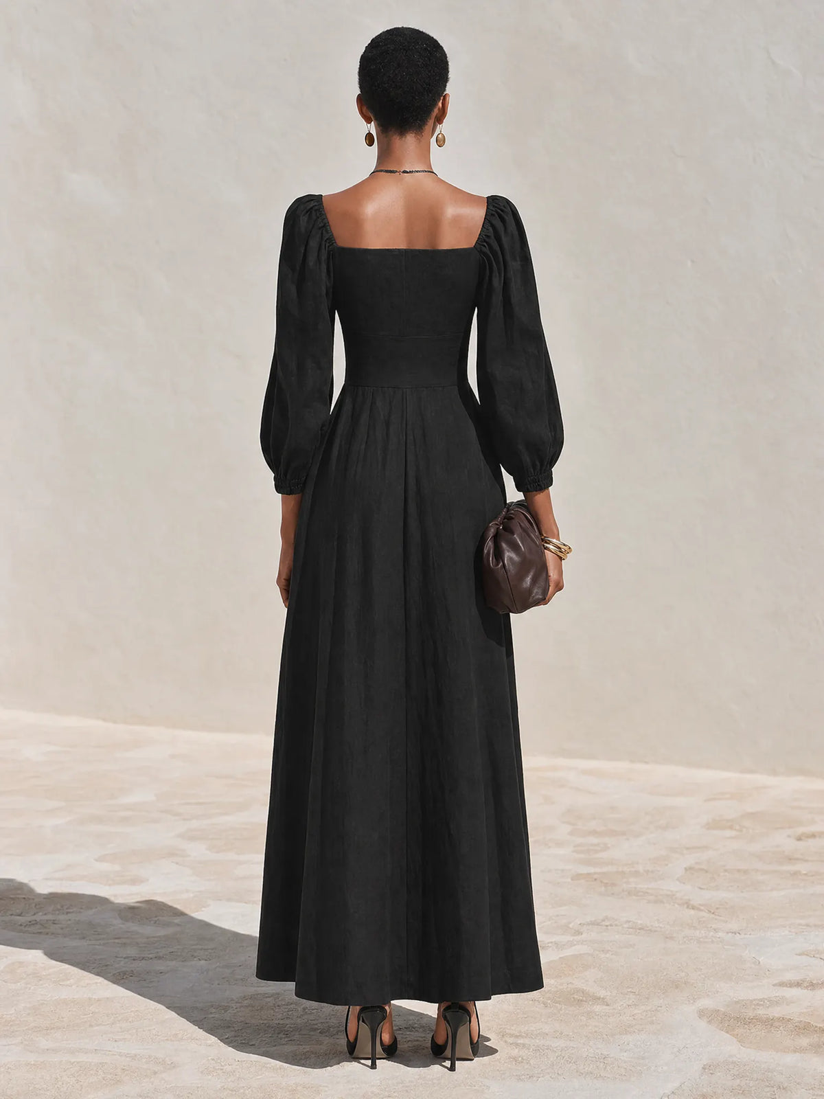 Women's Minimalist Solid Black Linen Square Neck Puff Sleeve Maxi Dress MDZ1680G2ZRK