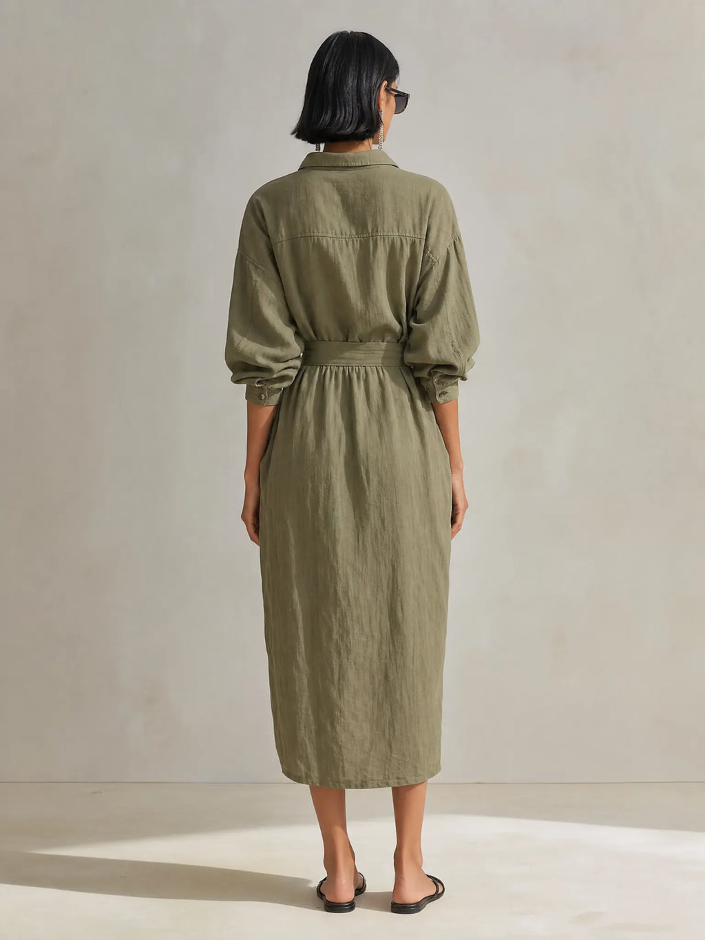 Women's Utility Style Olive Green Linen Blend Collared Long Sleeve Belted Button-Front Patch Pocket Midi Shirt Dress MDZ1569G6ZSQ