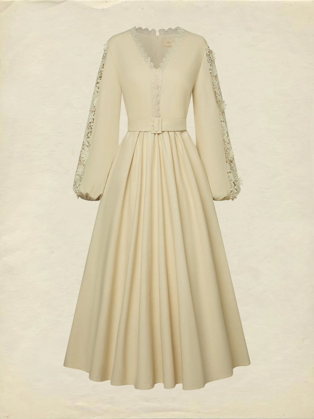 Midi Linen Dress, Long Sleeves, Plain, Lace, French Vintage, Apricot