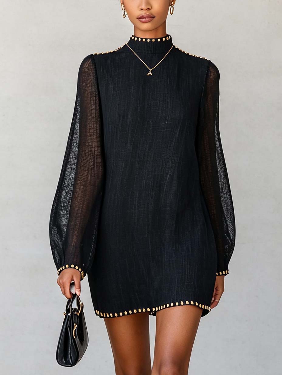 Black Mock Neck Sheer Sleeve Mini Dress With Contrast Trim