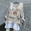 Vintage Patchwork Tree Embroidery Art Linen Blend Blouse