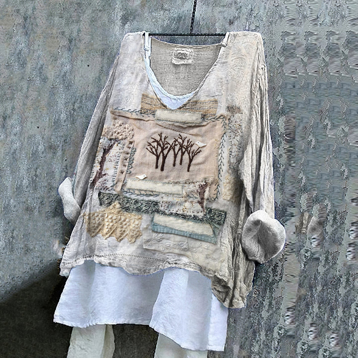 Vintage Patchwork Tree Embroidery Art Linen Blend Blouse