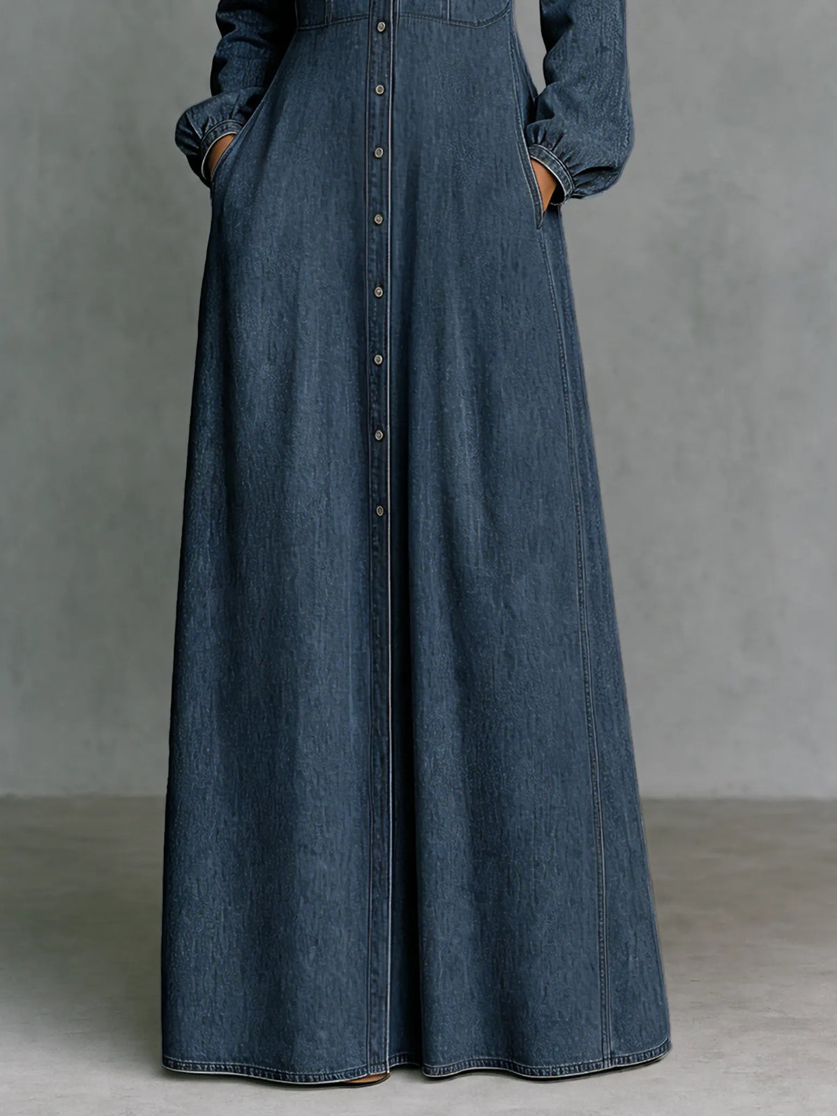 Women's Minimalist Long-Sleeve Denim Maxi Dress With Collar And Epaulettes MDZ0893G9WY