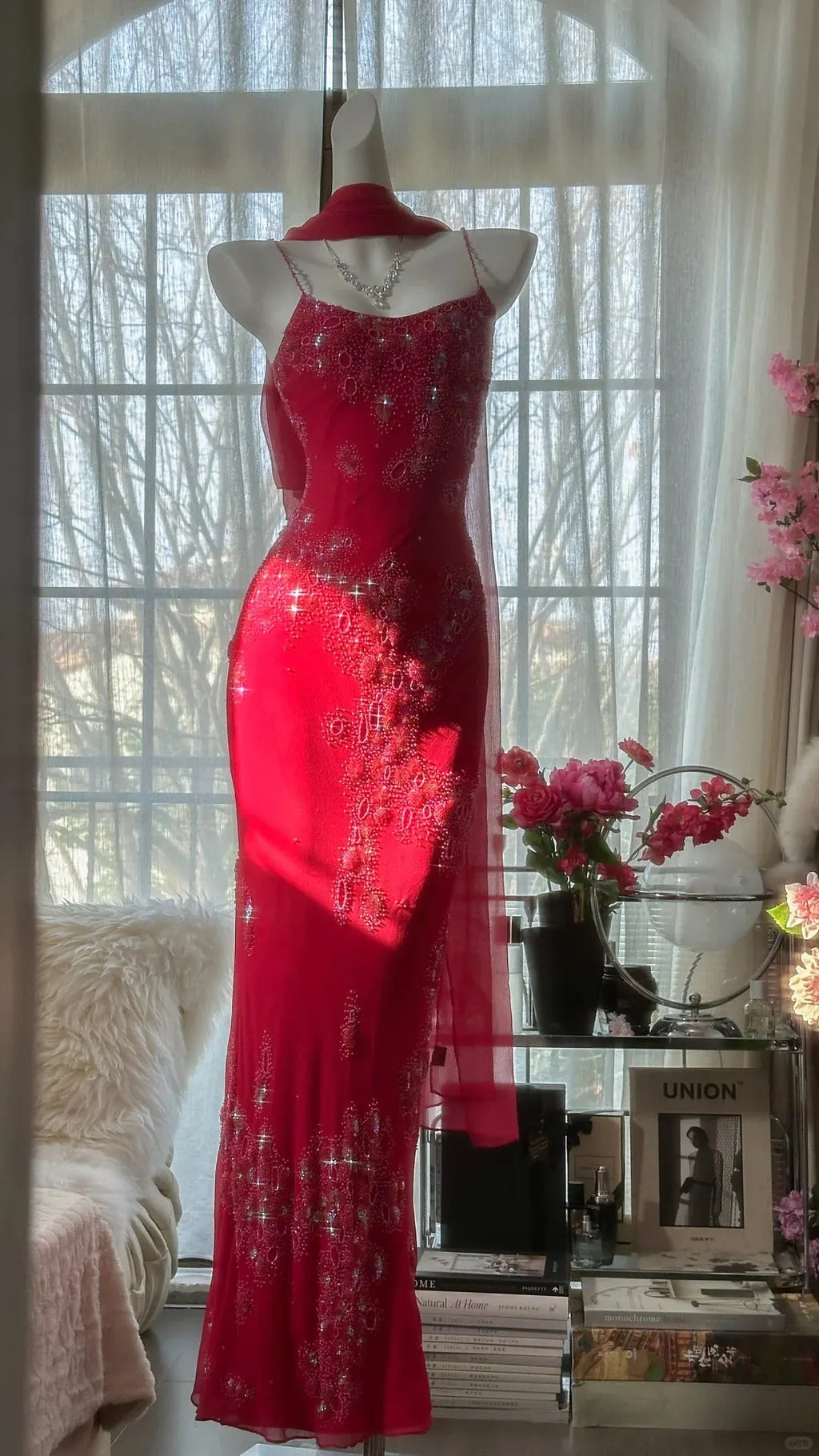 Red Romantic Gorgeous Fashion Elegant Exquisite Beaded Long Chiffon Ball Gown Evening Dress Birthday/Wedding Guest/Vacation Party Dress Prom Dress Valentine's Day Date Dress