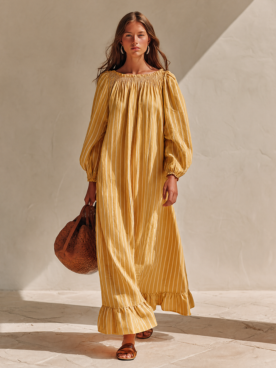 Women's Yellow White Vertical Stripe Cotton Linen Off Shoulder Balloon Sleeve Ruffle Hem Maxi Dress MDZ2468G4ZRK