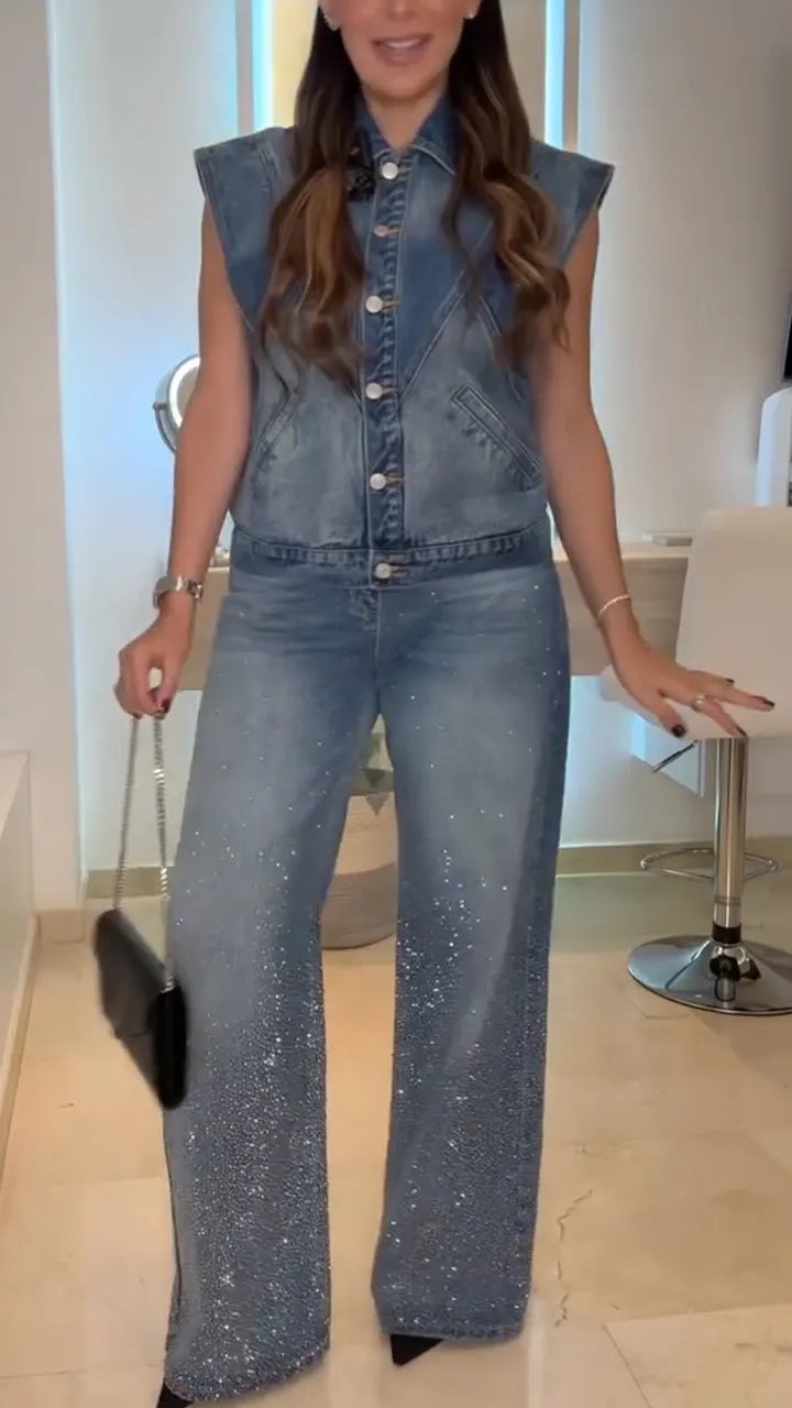 Women Lapl Collar Top+ Rhinestone Pants Casual Denim Suit