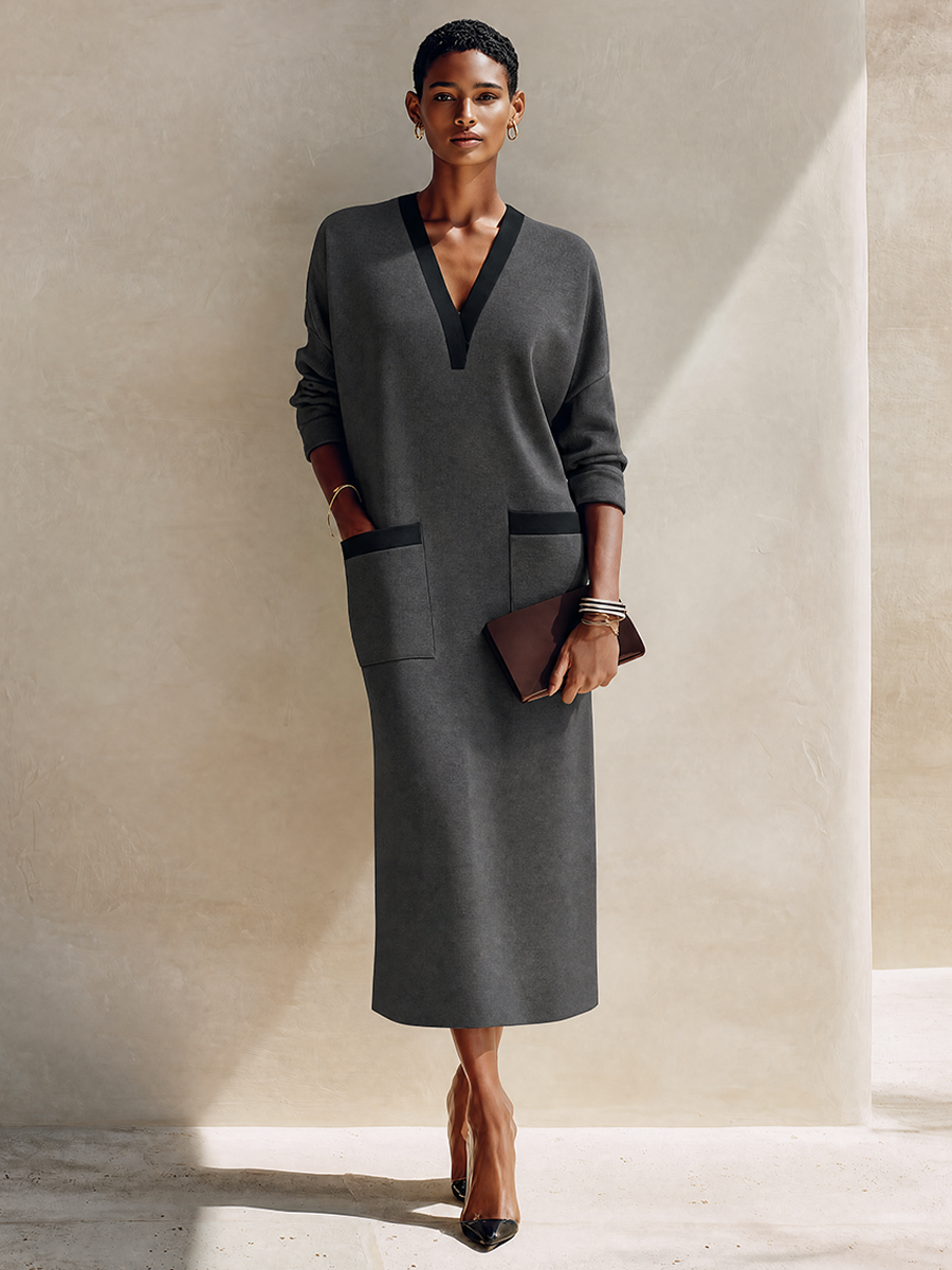 Women's Minimalist Dark Grey Knit V-Neck Contrast Trim Midi Dress MDZ1636G1ZRK