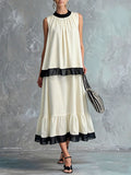 Women's Black And White Color-block Halter Neck With Pleating Sleeveless Dress