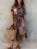 Vintage Patchwork Belted Midi Dress