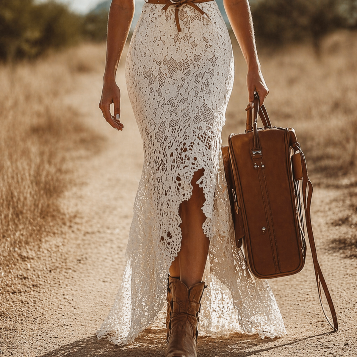 White Lace Western-Boho Maxi Dress with High Slit