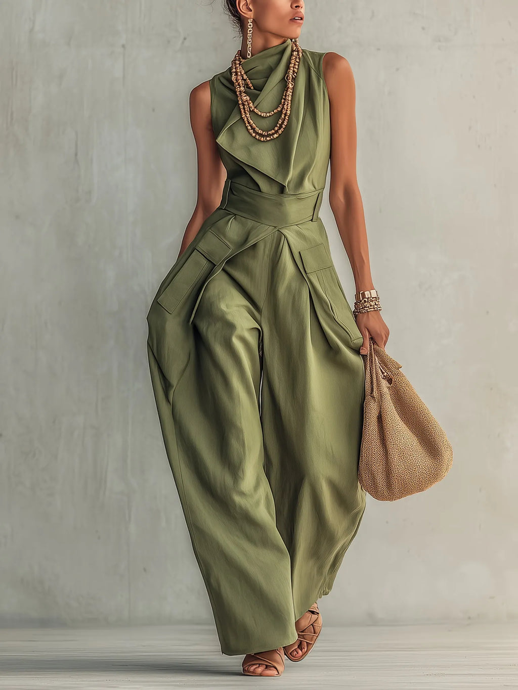 Soft Sage Linen Blend Sleeveless Jumpsuit
