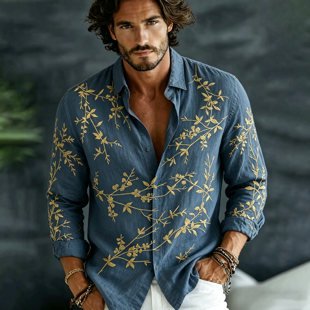 Men's Vintage Spring Floral Embroidered Art Print Flowy Linen Blend Casual Shirt