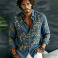 Men's Vintage Spring Floral Embroidered Art Print Flowy Linen Blend Casual Shirt