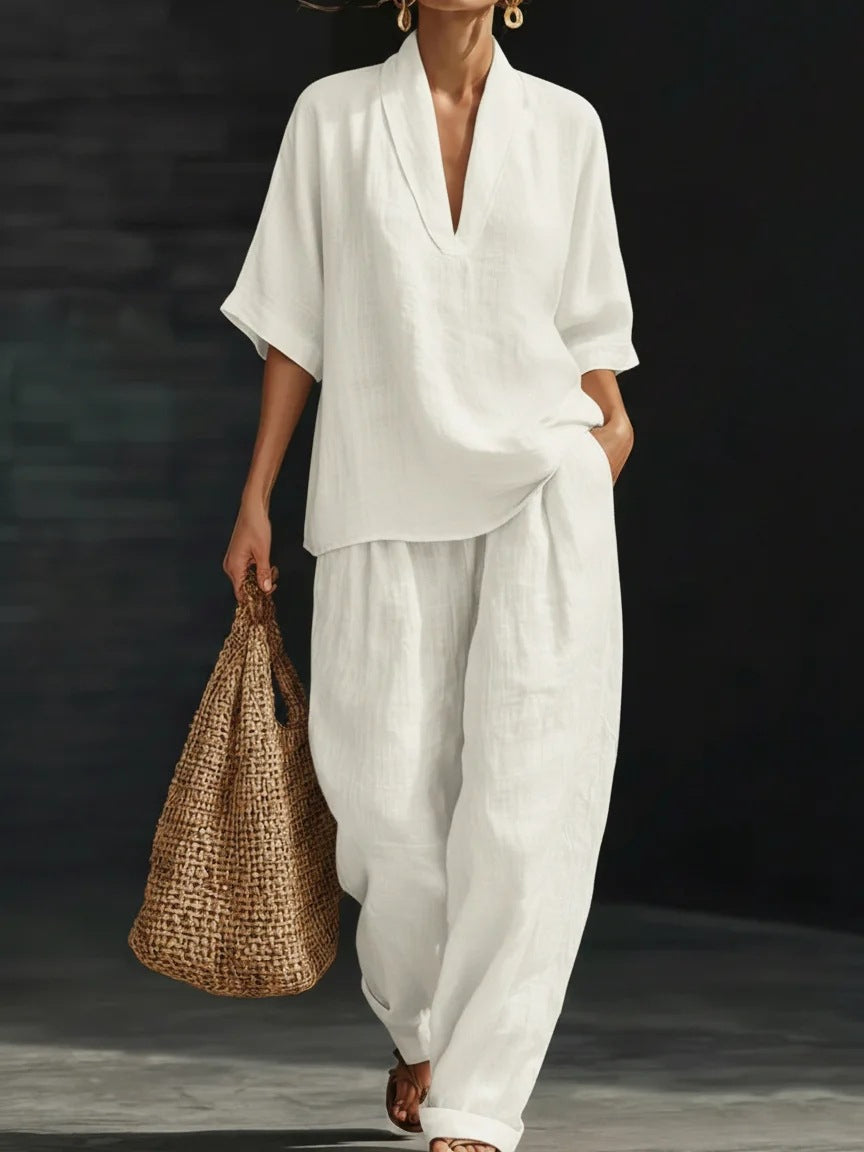 Momocco Coastal Chic 2-Piece Set - V-Neck Linen-Textured Tunic & Wide-Leg Pants Lounge Set