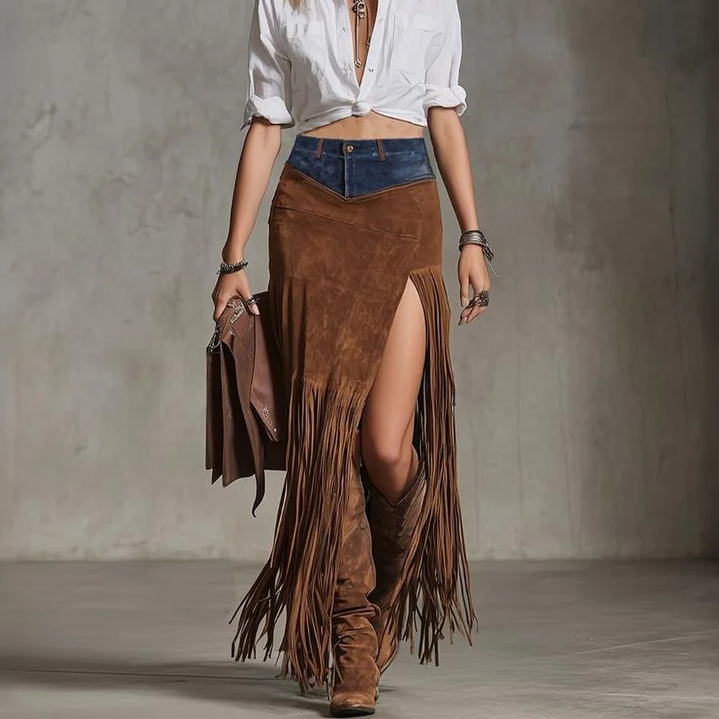 Western Faux Suede Fringe Maxi Skirt with Denim Yoke