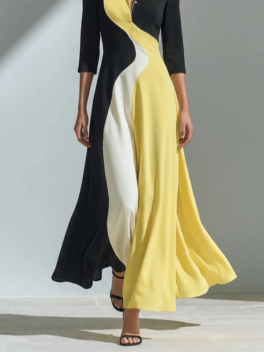 Women's Black Yellow White Cotton-Blend Maxi Dress With Collar Three Quarter Sleeves & Wavy Color Block Panel, Elegant Office Flowy Shirt Maxi Dress MDZ0883G7LYL