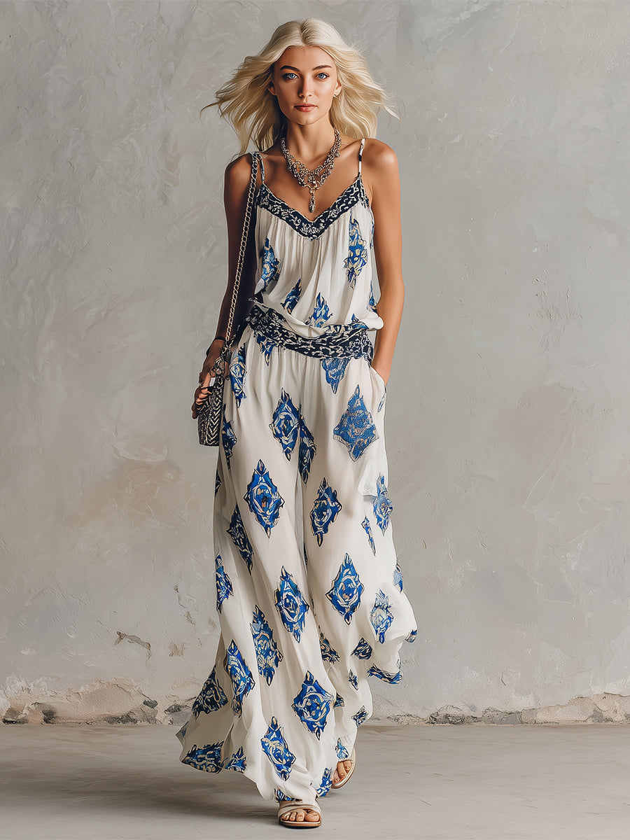 Retro Bohemian Print White Camisole And Wide-Leg Pants Chiffon Set