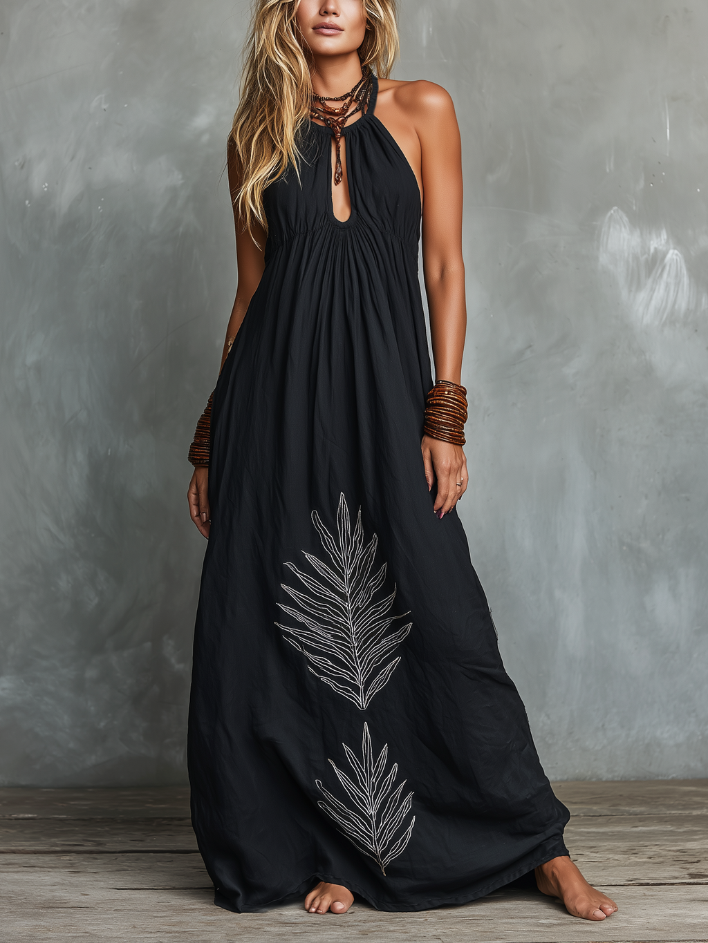 Women's Casual Black Cotton And Linen Halter Neck Sleeveless Loose Long Dress With Embroidered Hem MDZ0204C2AN