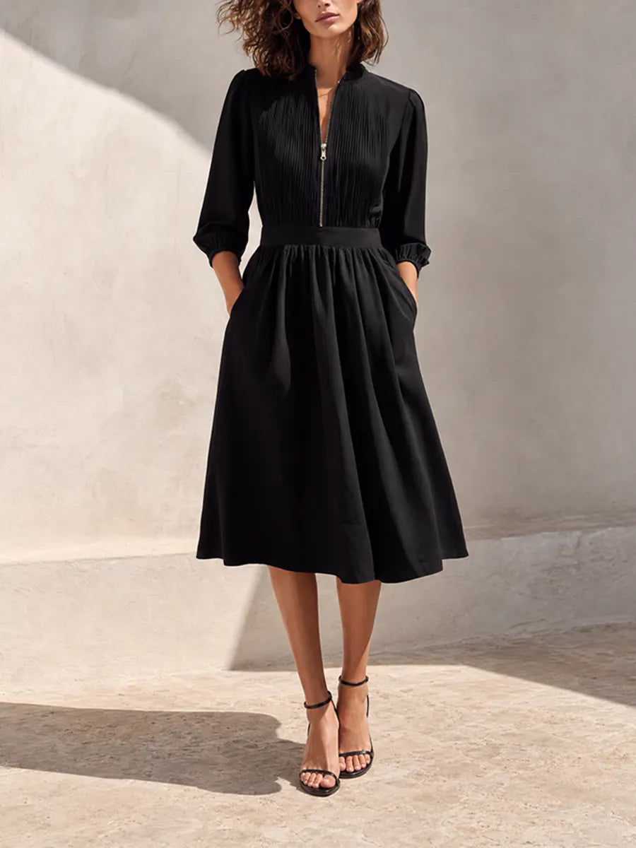 Women's Elegant Workwear Black Stand-Collar Zip-Front Pleated Bishop-Sleeve Cinched-Waist Midi Dress MDZ1567G4CMX