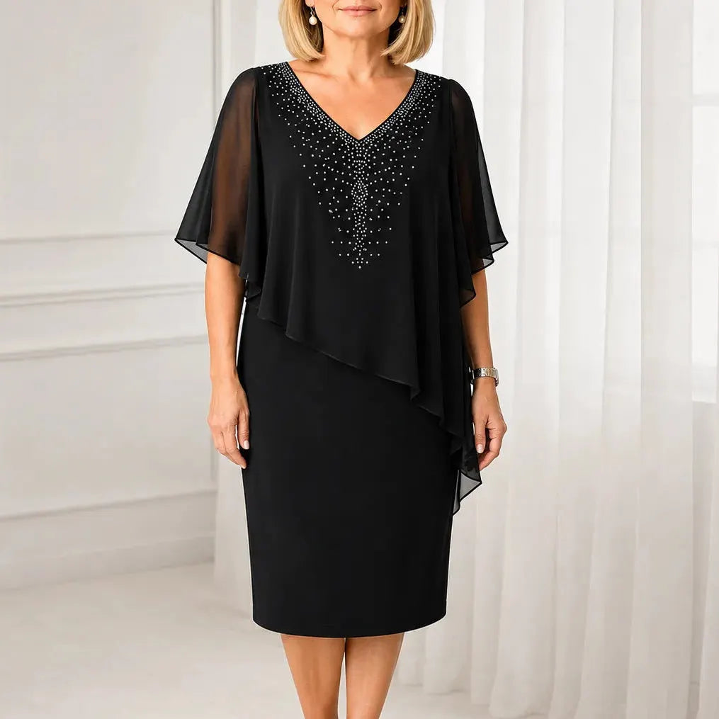 Velora – Rhinestone Look V-Neck Chiffon Like Cape Midi Dress