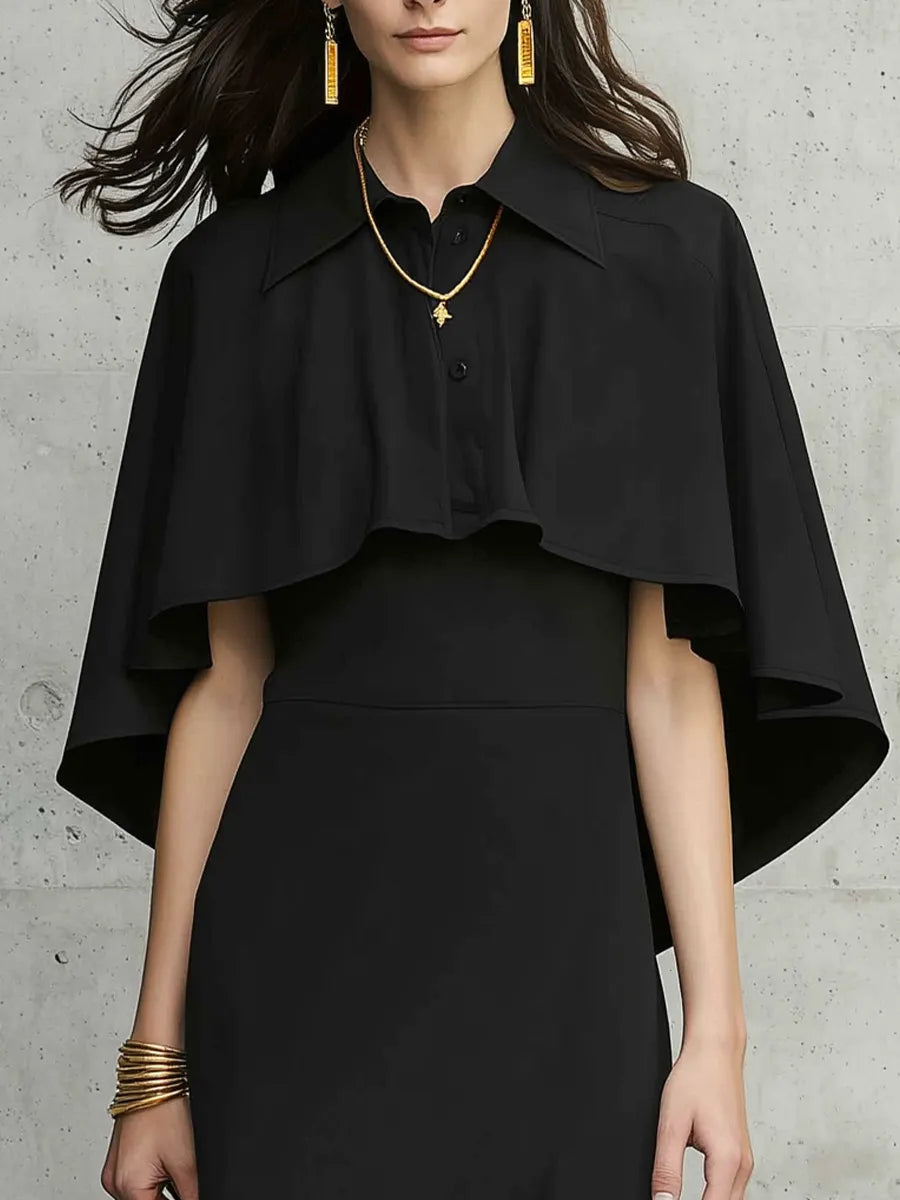 Elegant Black Cape Sleeve Button Front Maxi Dress