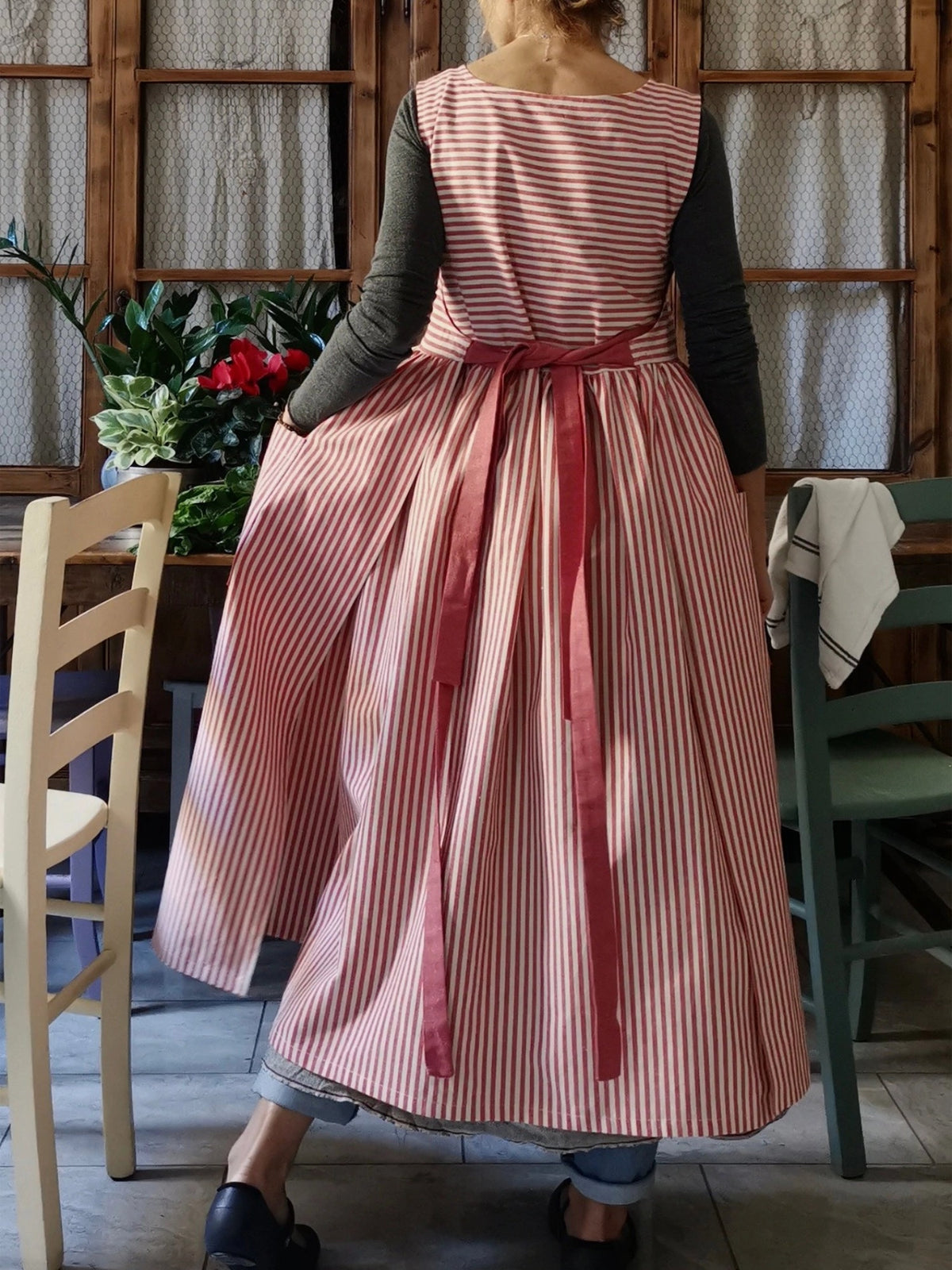 Cherry Red Striped Cotton Kitchen Apron