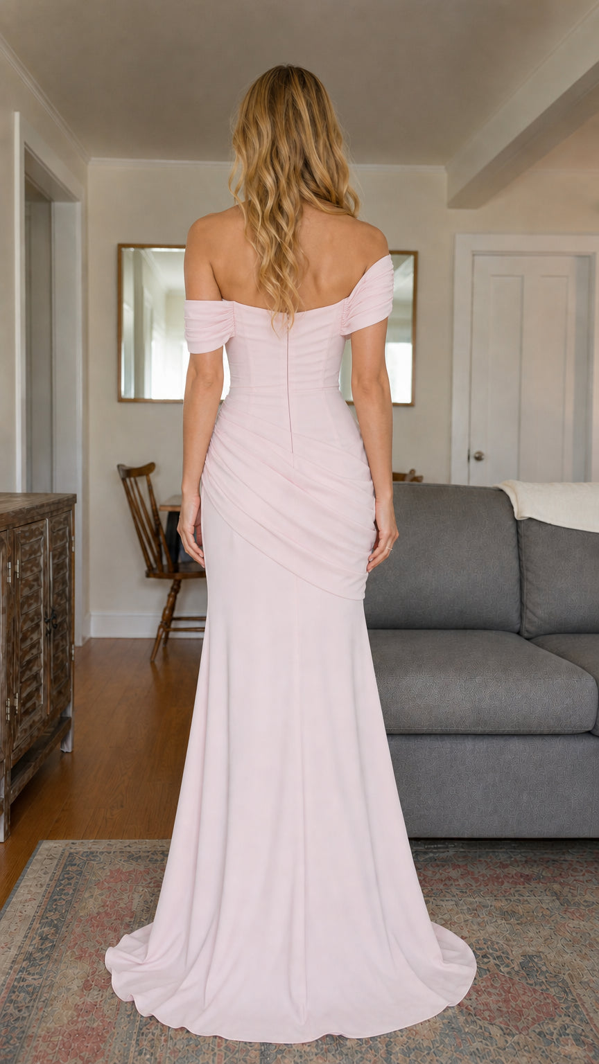 Asymmetrical Ruched Off-the-Shoulder Mermaid Evening Gown