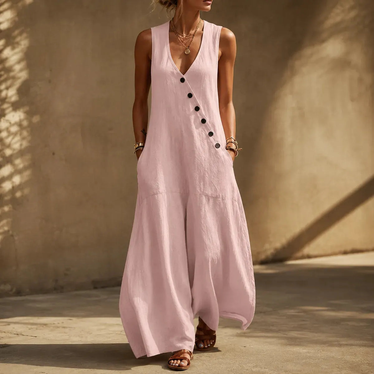 Wearvelle – Sleeveless Wide-Leg Jumpsuit with Diagonal Buttons and Pockets