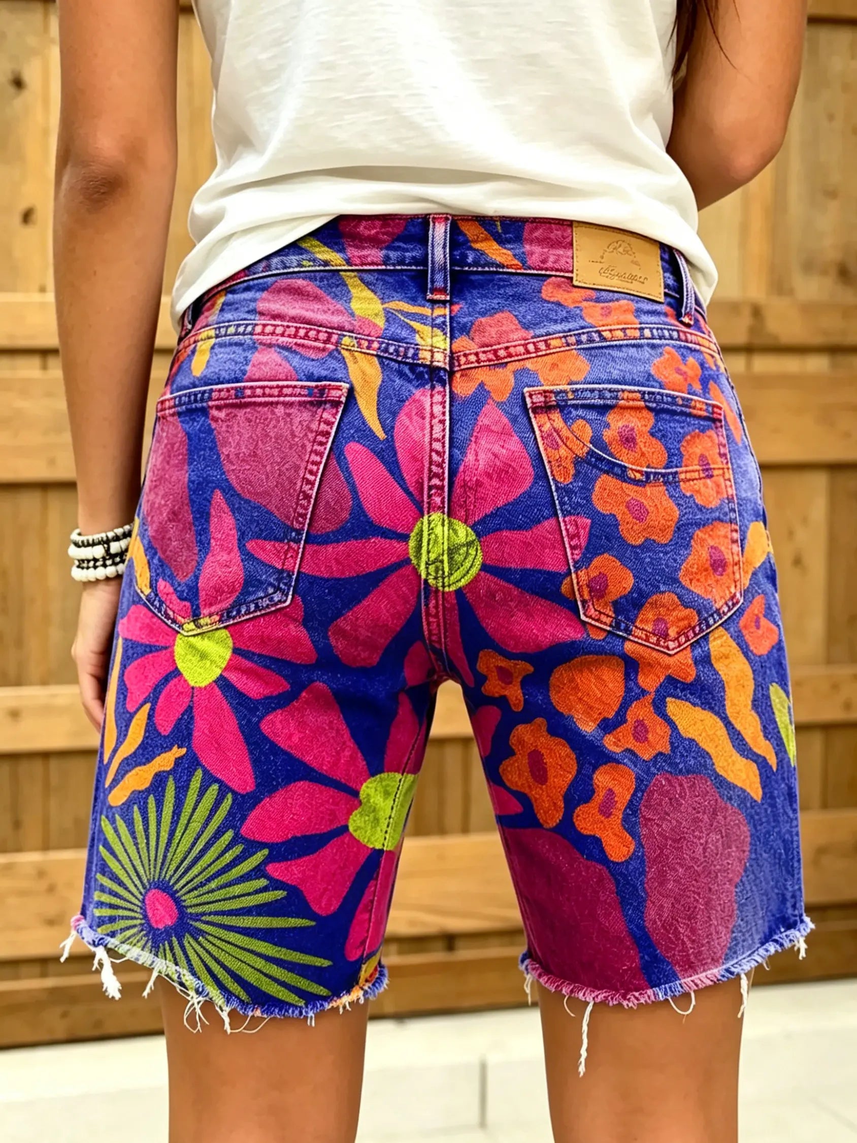 Women's Abstract Big Floral Graffiti Print Frayed Hem Denim Shorts