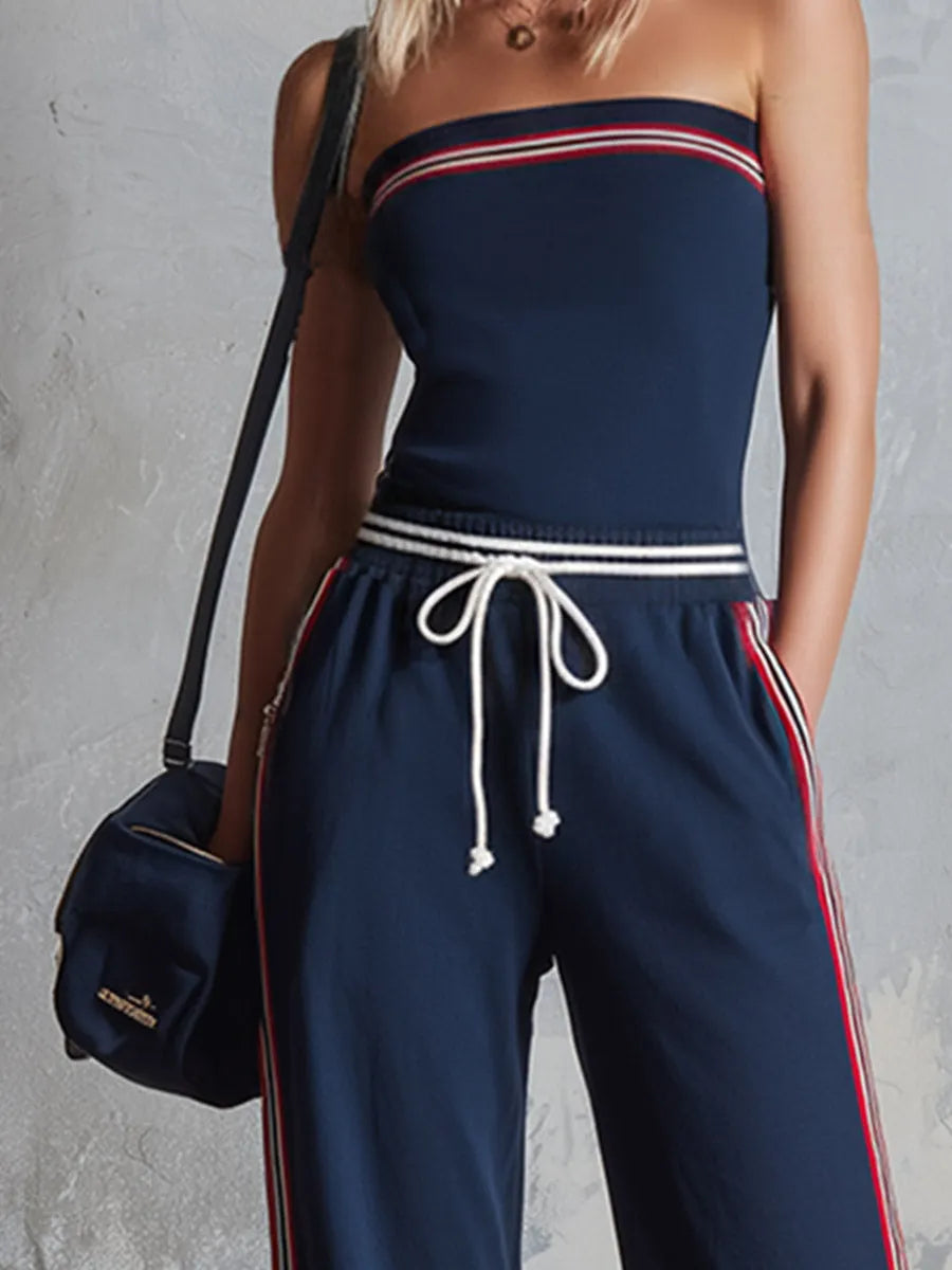 Retro-Sporty Striped-Trim Navy Cotton Off-Shoulder Jumpsuit