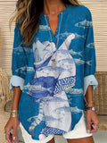 Vintage Kimono Cat Pattern Women's Linen V-neck Shirt