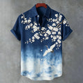 Vintage-inspired Cherry Blossom And Crane Embroidered Art Gradient Open-front Short Sleeve Shirt